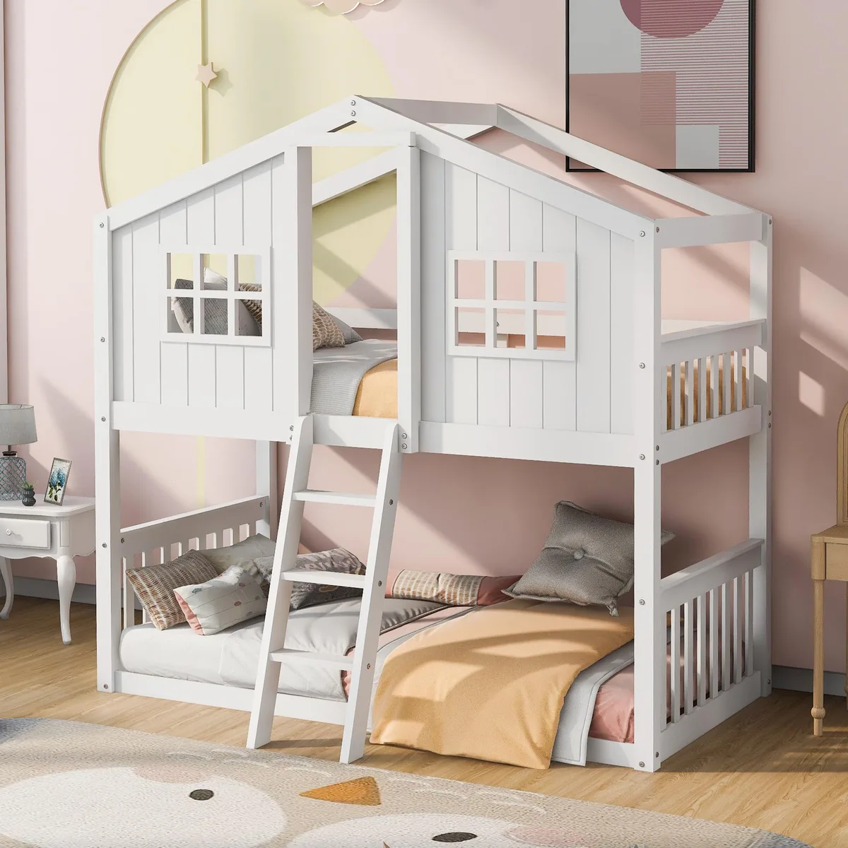 White solid-wood twin-over-twin bunk bed with house-shaped frame, pitched roof, window cut-outs and ladder