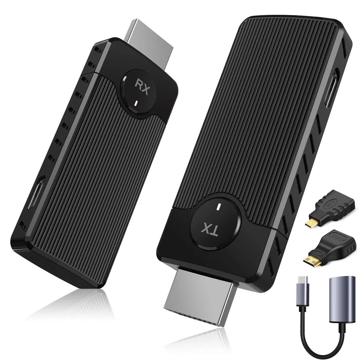Black wireless HDMI transmitter and receiver pair with built-in antennas