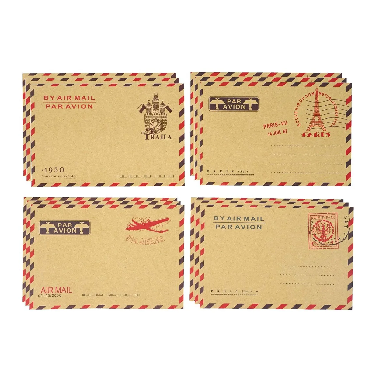  Honbay AirMail Kraft Envelopes 40pcs 11x16.2cm 4 Patterns + 48 Stickers — product photo