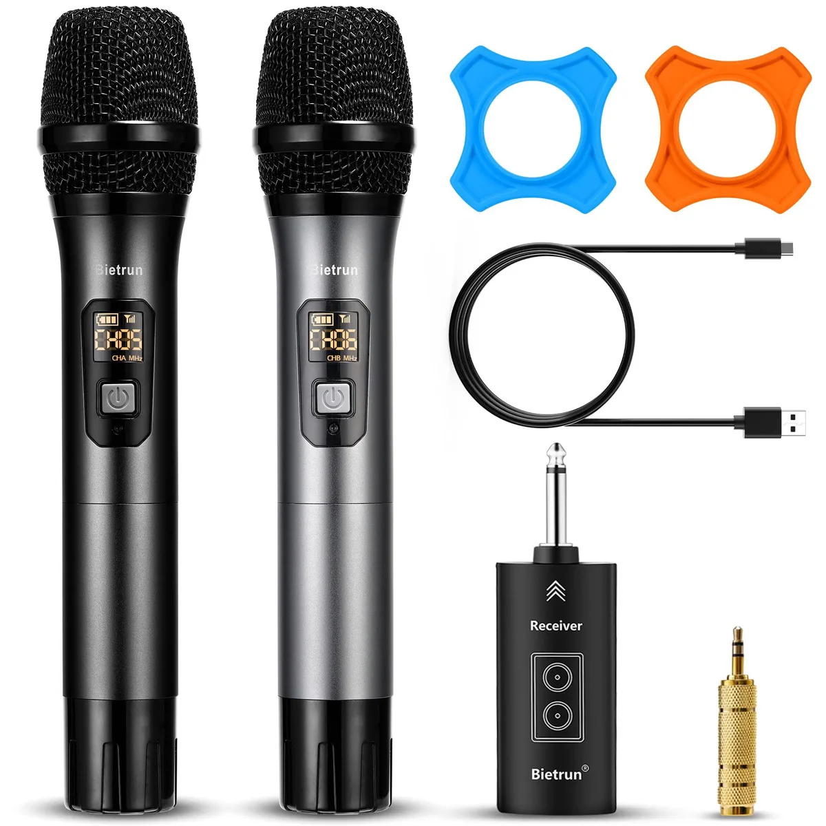  Bietrun WXM21-2 Dual Handheld Wireless Microphone System 160 ft Range 1/4" 3.5mm Bluetooth 1200mAh — product photo