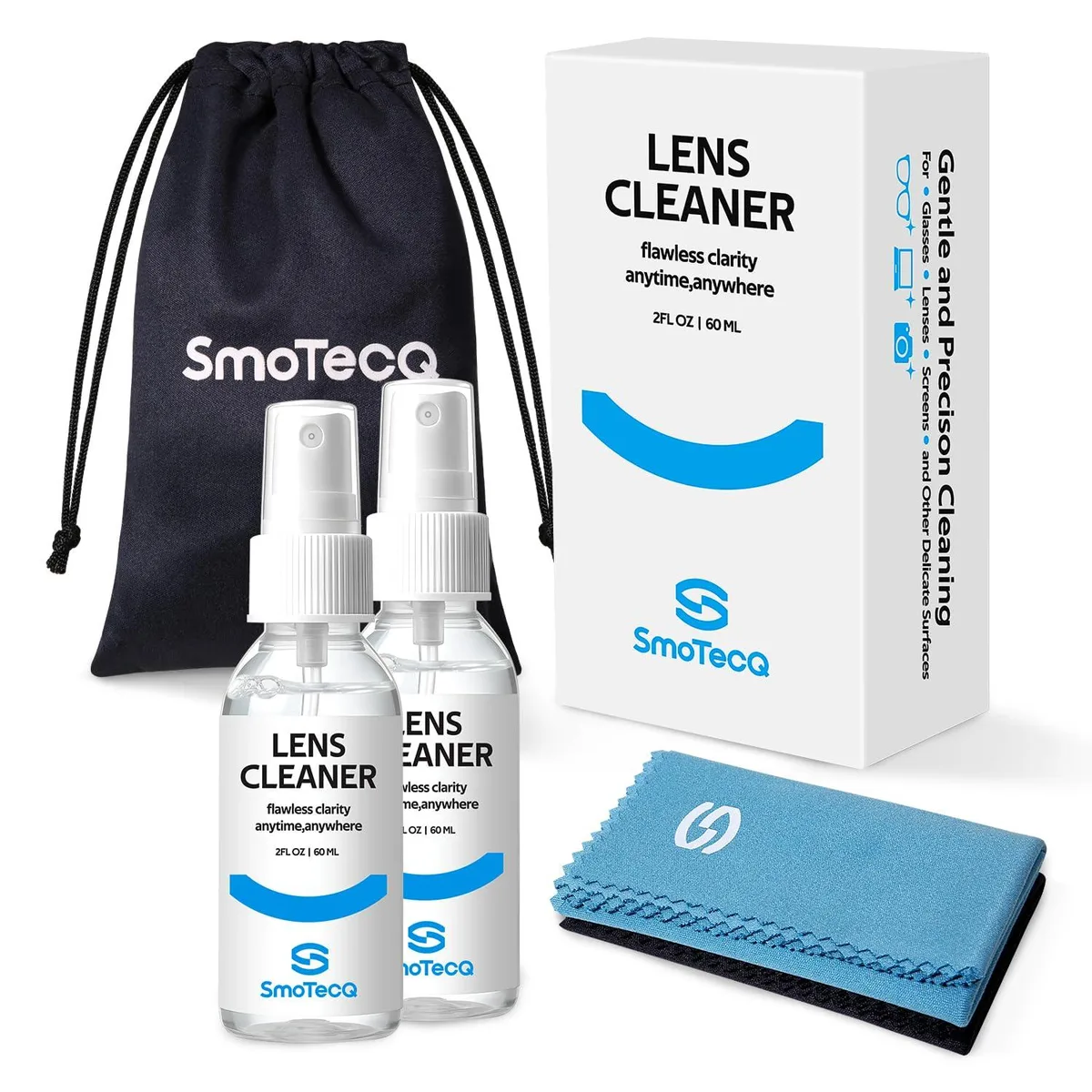  SmoTecQ Glasses Cleaner Kit Alcohol-Free Plant-Based Spray 2oz Microfiber Cloths Travel Pouch — product photo