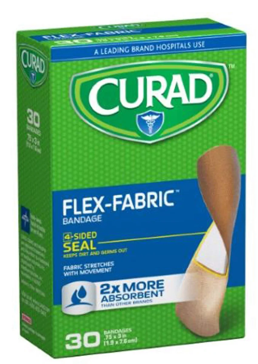 Rectangular cardboard box containing thirty fabric adhesive bandages