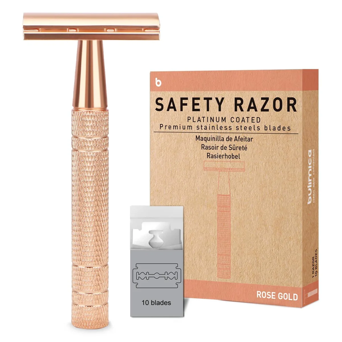 Matte rose gold safety razor, 54.7 g, single blade closed comb design