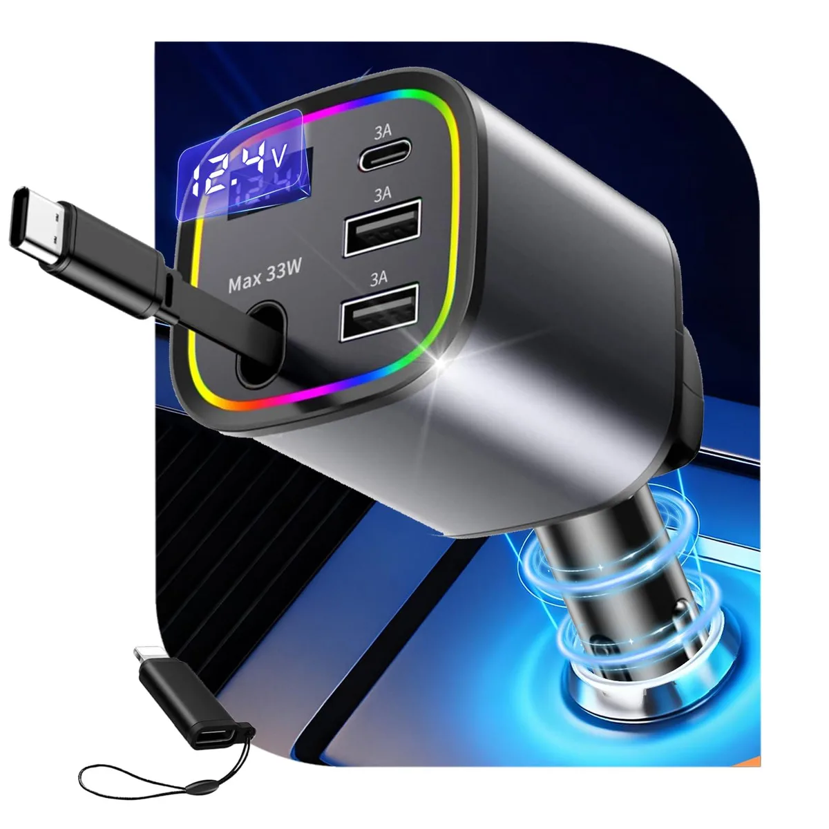 Car Charger USB C 78W Retractable 4-in-1 with C Cable & Lights — product photo