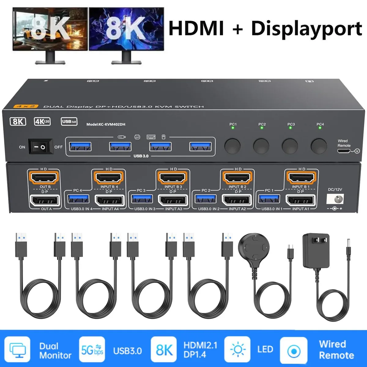 WRIARICH WRIARICH 402DH HDMI+DP KVM Switch 4-Port 2-Monitor 8K60/4K144 USB 3.0 — product photo