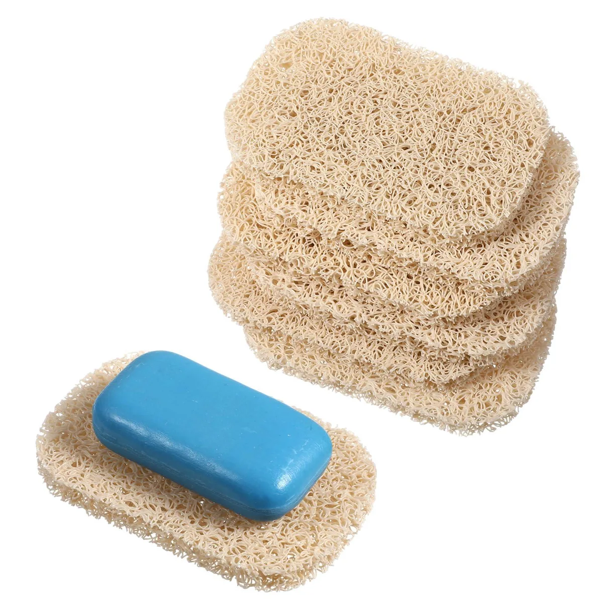 Six beige porous PVC soap saver pads, self-draining, rectangular shape