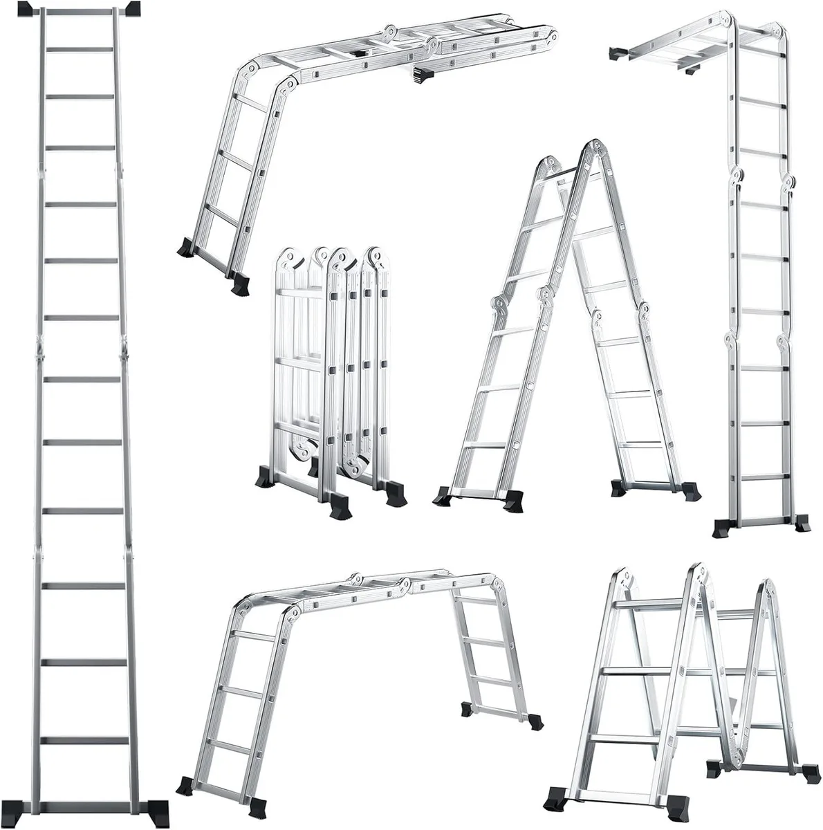 Silver aluminium 12.2 ft folding ladder with stabiliser bar and non-slip feet