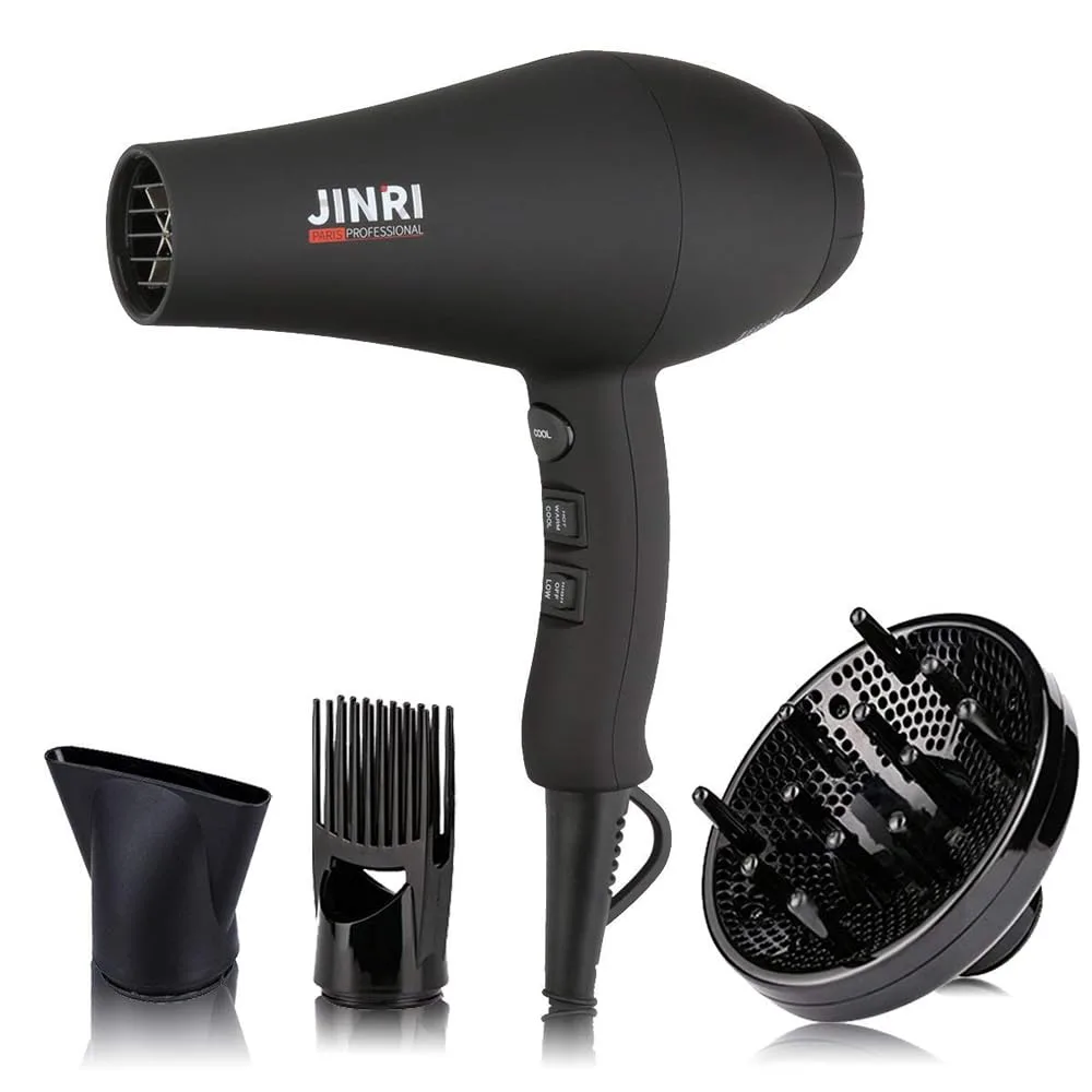 Black professional hair dryer with diffuser and concentrator attachments, non-foldable design, hanging strap
