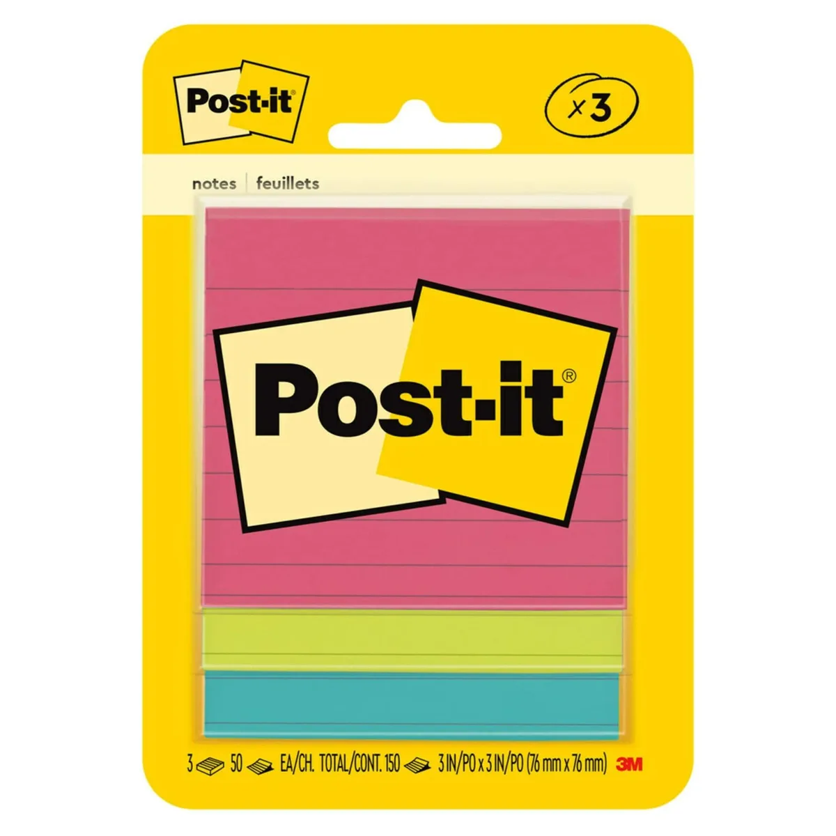 Three square pads of sticky notes in aqua, lime and guava, each pad 50 sheets