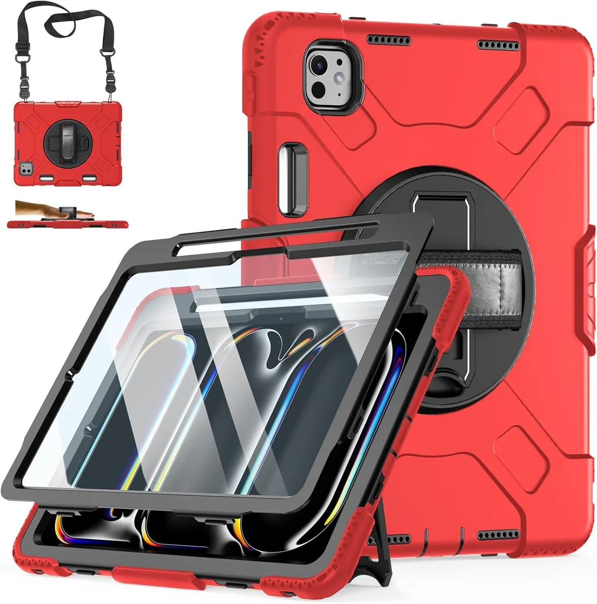 BONAEVER BONAEVER A3357/A3358/A3359 iPad Pro 11 2025 2024 case 360° stand shoulder strap pencil holder red — product photo