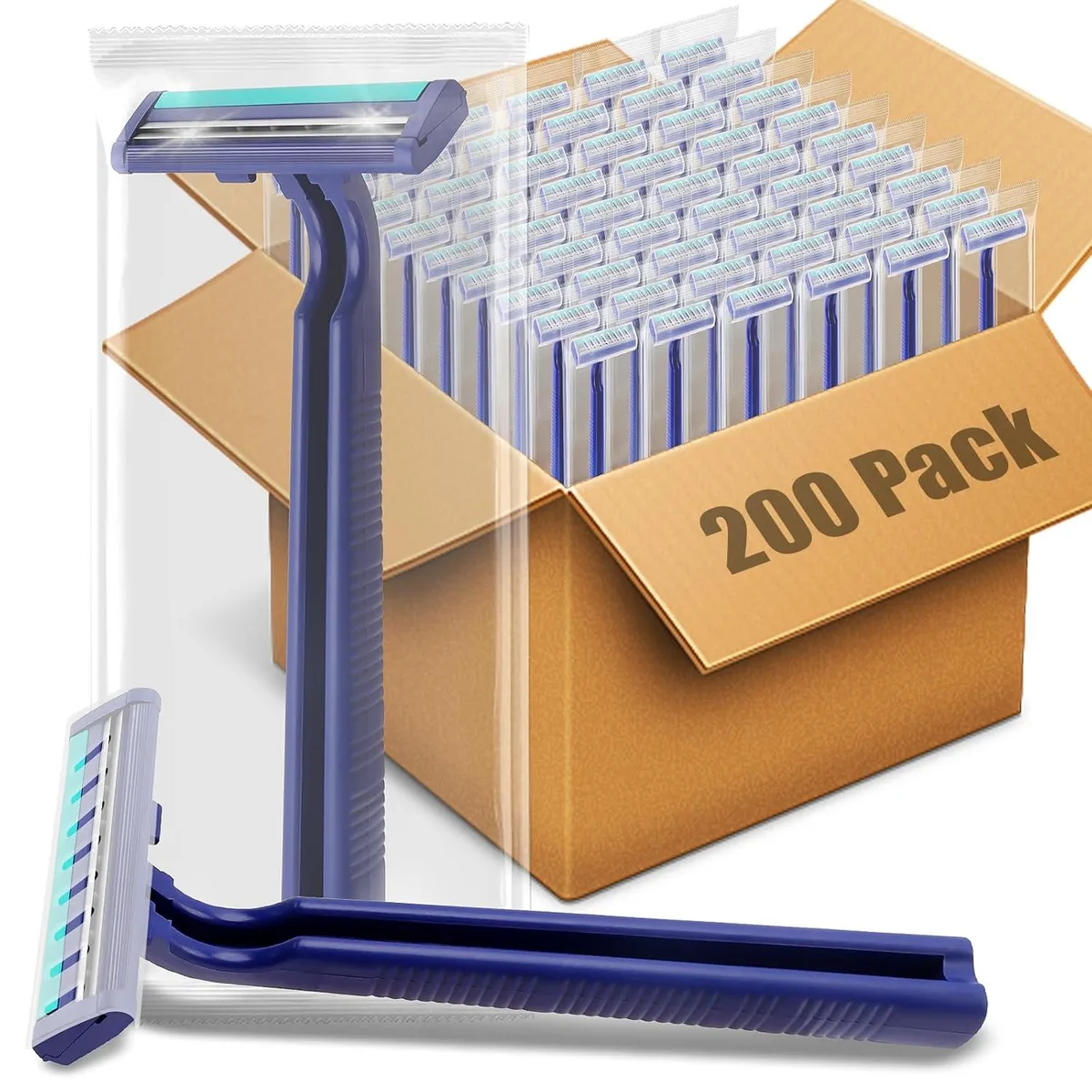 Box of 200 blue disposable twin-blade razors with clear protective caps
