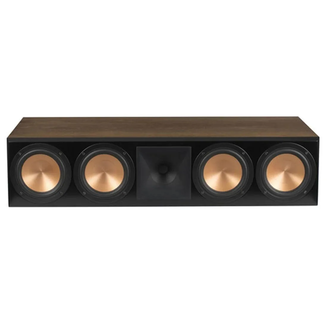 Large walnut center speaker with four 6.5-inch copper woofers and horn tweeter