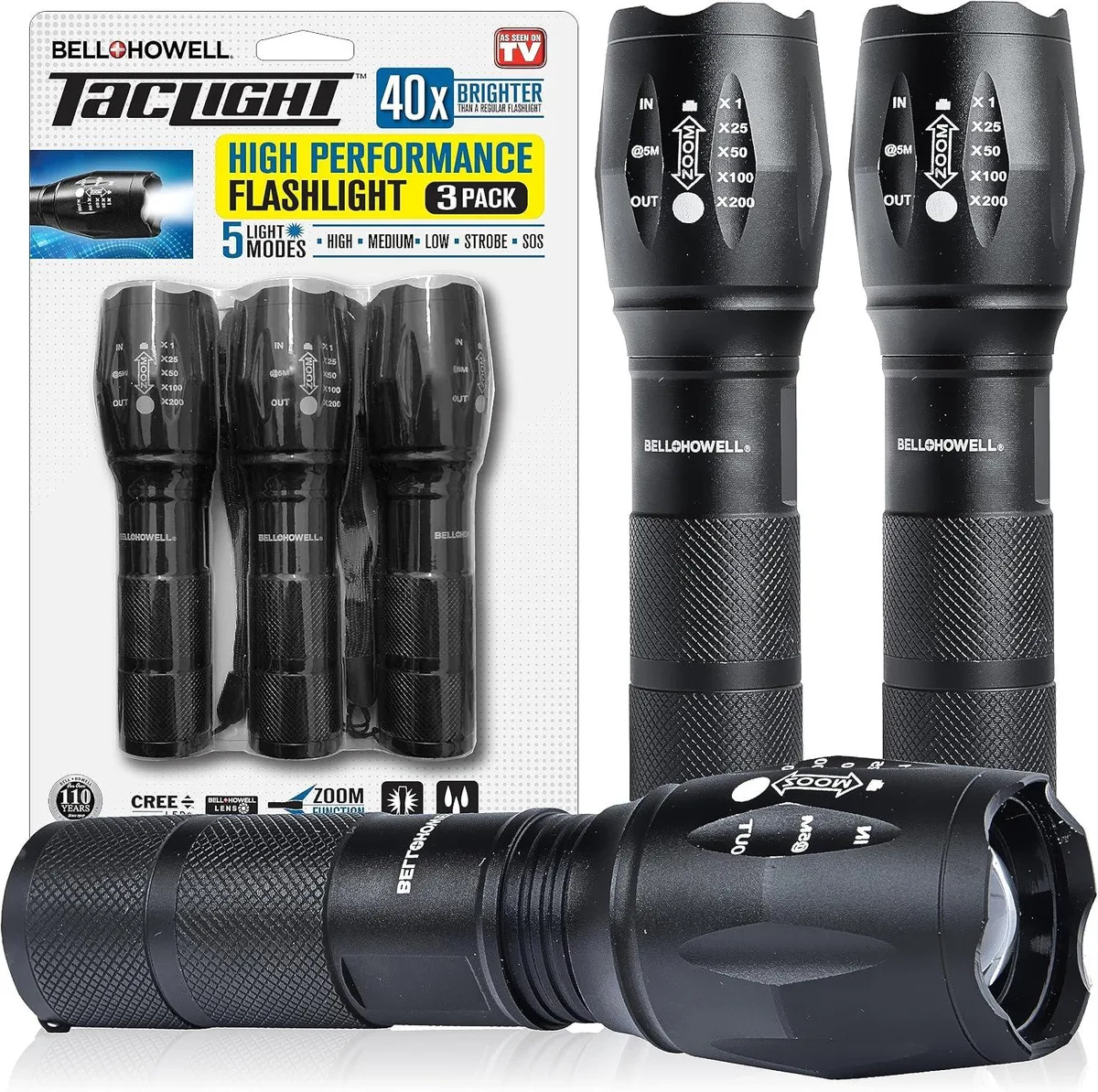 Three silver tactical flashlights lying side by side