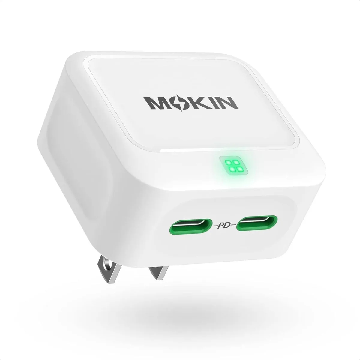 White rectangular GaN charger with foldable plug and two USB-C ports