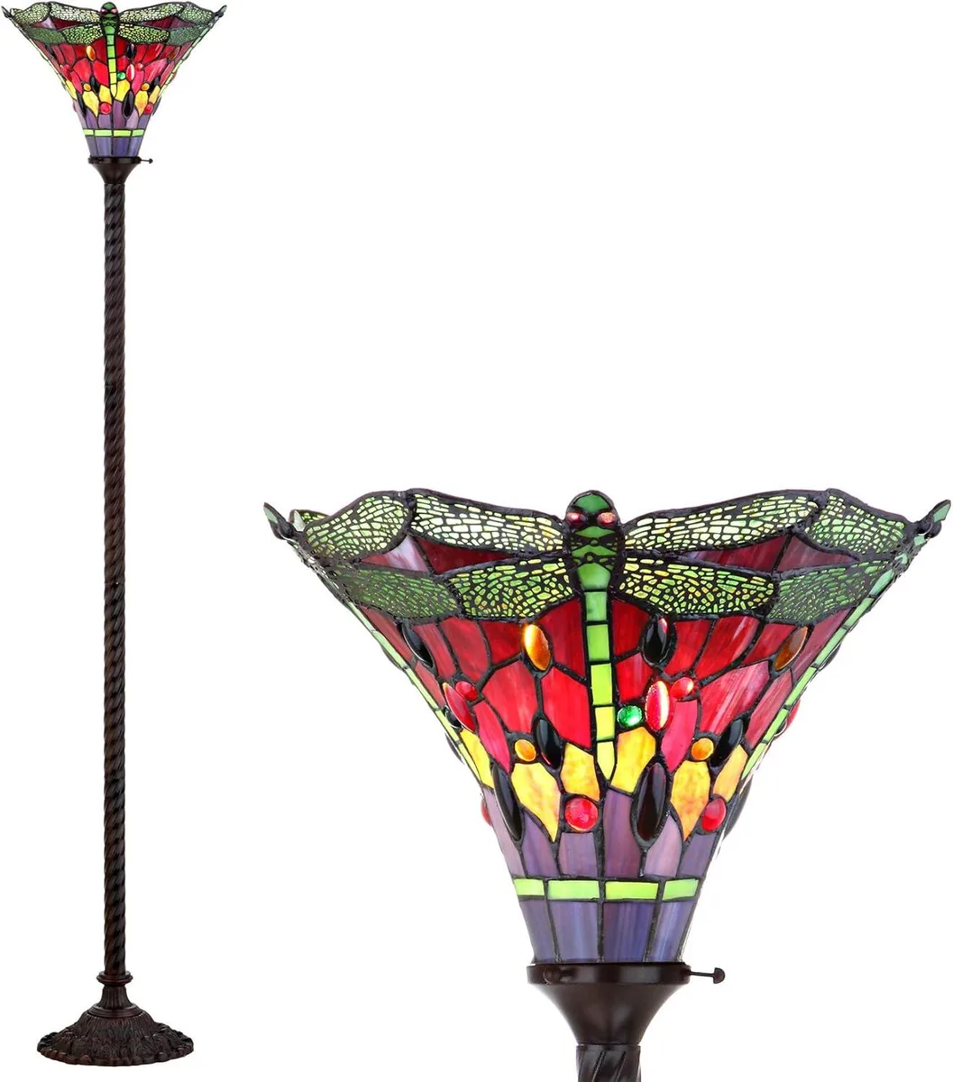 TUKO TUKO Dragonfly Tiffany-Style 71" Torchiere Floor Lamp Bronze/Green — product photo