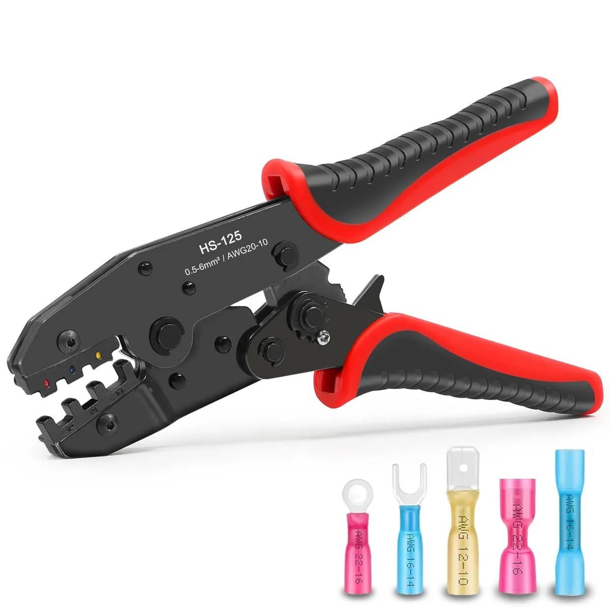 Red-handled ratcheting crimping tool with color-coded jaws for heat shrink connectors