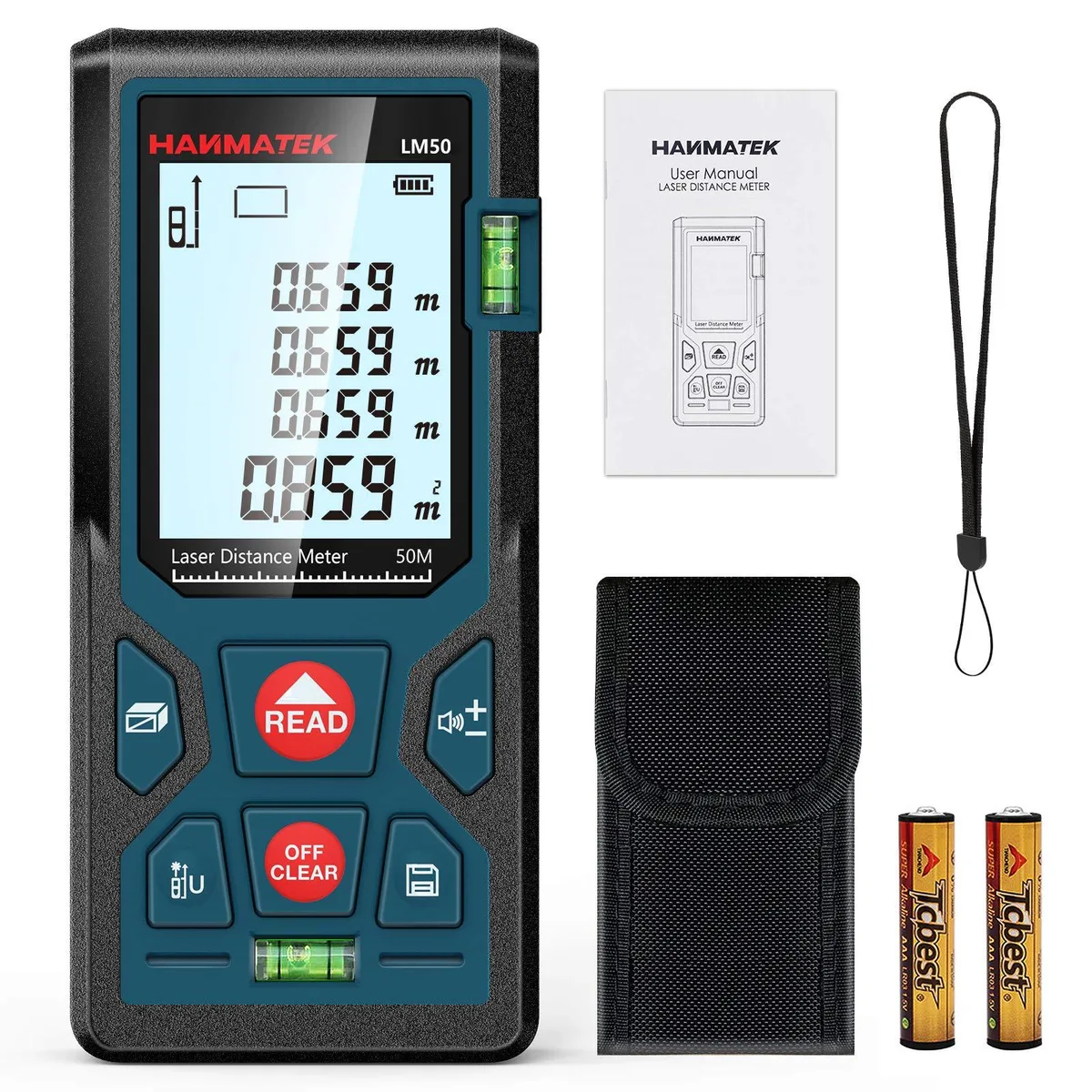 Compact laser distance meter with grey rubberised body, large backlit LCD, dual bubble levels and wrist strap