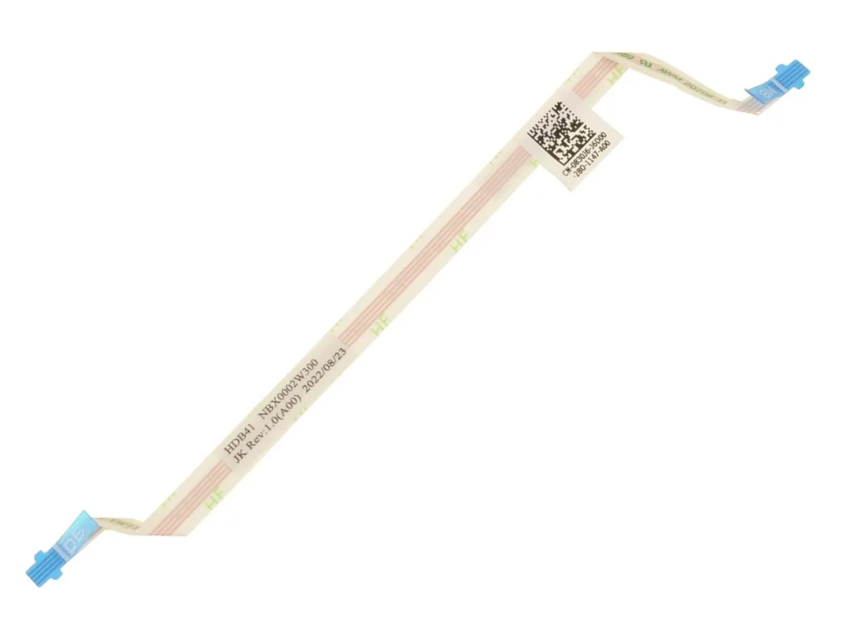 Flat orange ribbon cable with two connectors on dark background