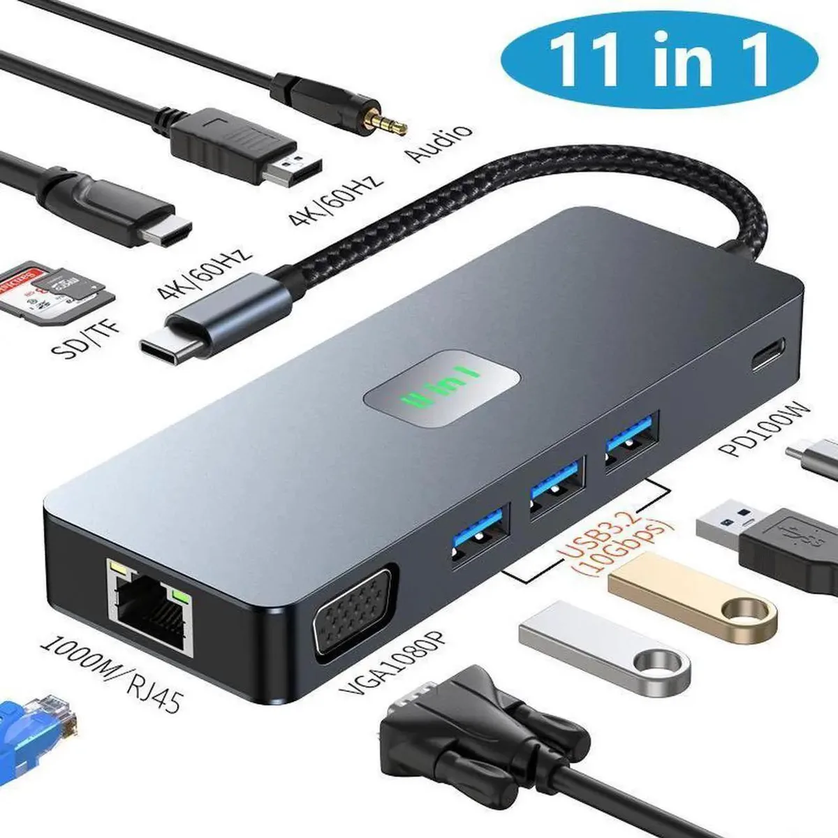 Vszerda Vszerda 11-in-1 USB-C Dock 3×4K HDMI/DP/VGA 3×10Gbps USB 3.2 1GbE 100W PD SD/TF Audio — product photo