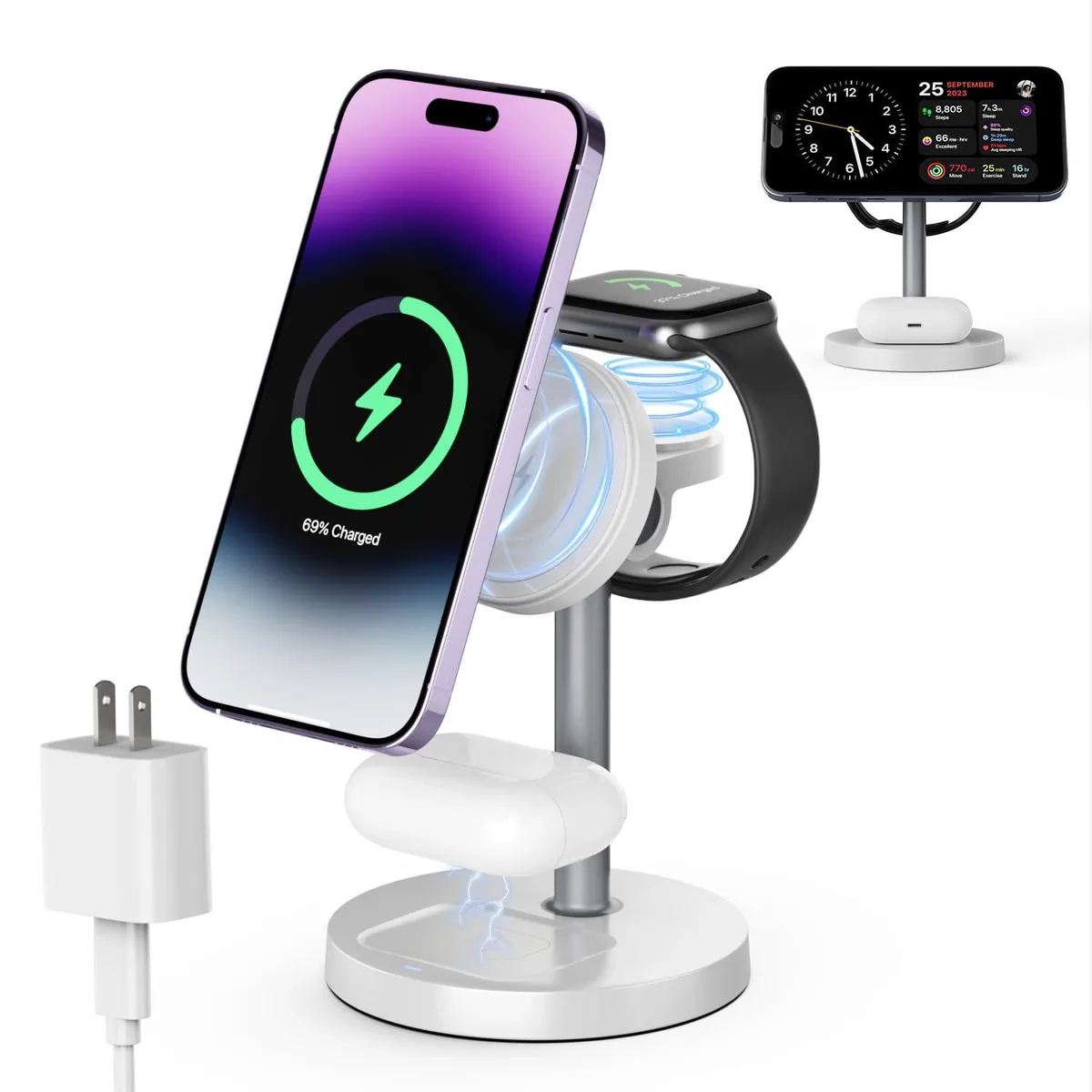 White foldable 3-in-1 MagSafe charging stand with phone, watch and AirPods pads