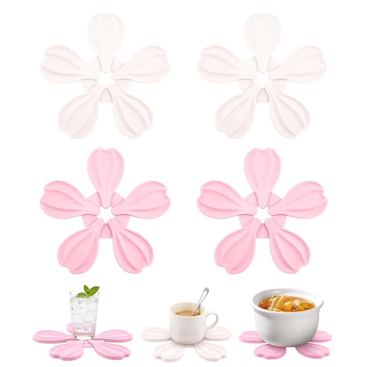 Four pink and white silicone trivet mats lying flat
