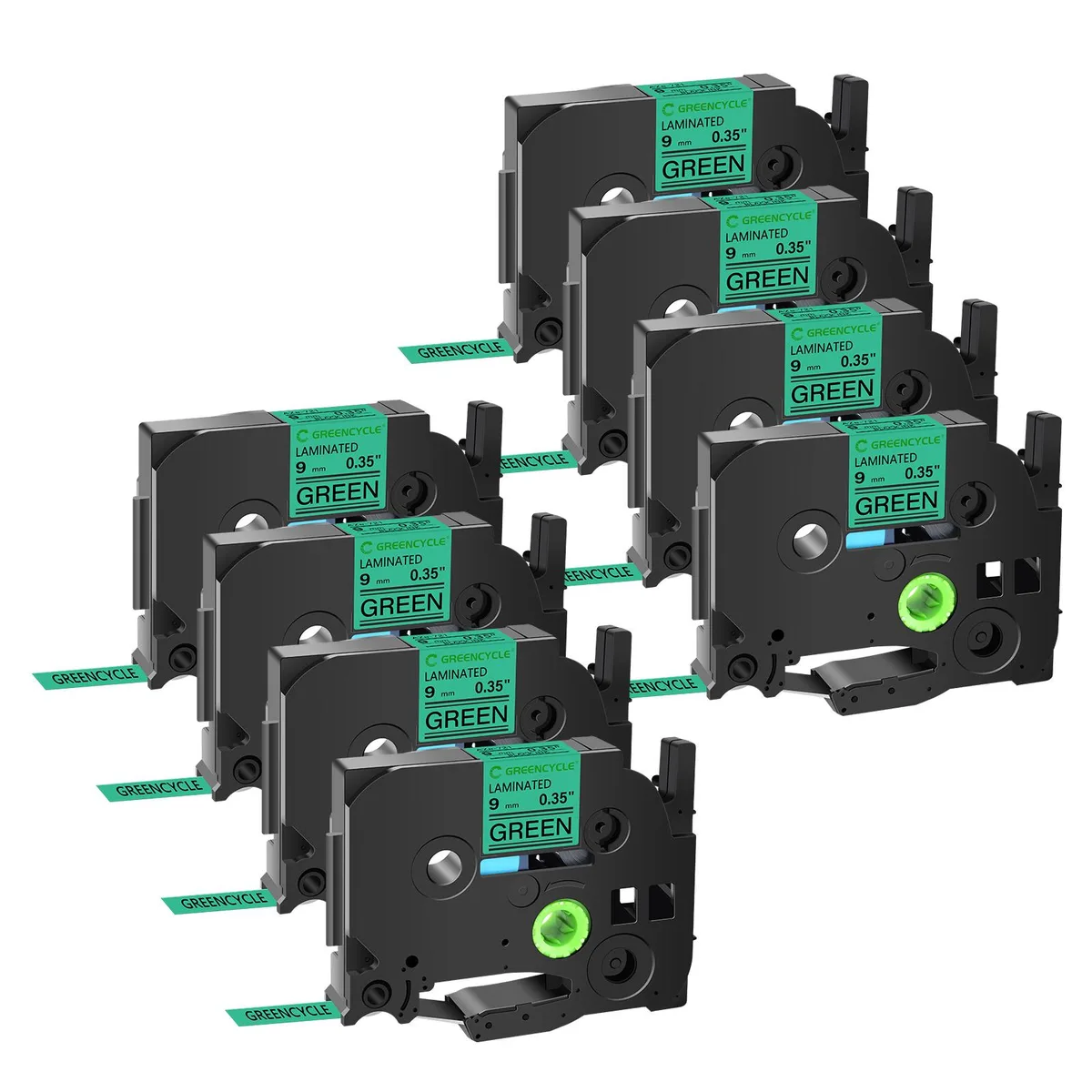 GREENCYCLE GREENCYCLE TZe-721 9mm 0.35" Black on Green Laminated Label Tape 8 Pack — product photo