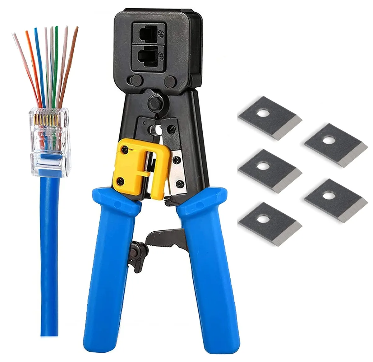 Black steel RJ45 crimp tool with ergonomic grips and five replacement blades
