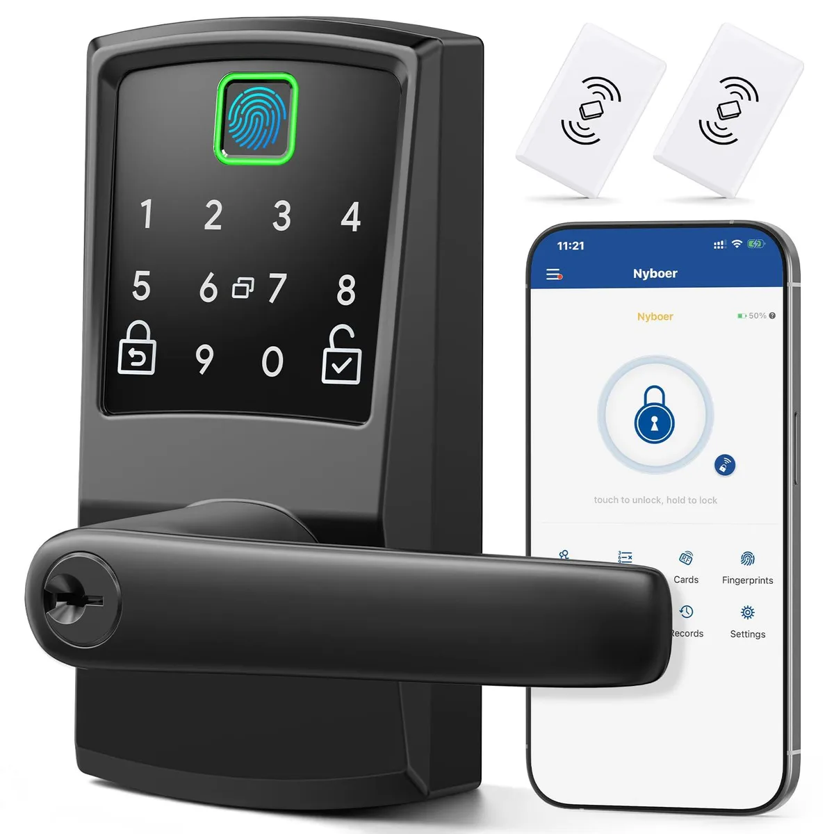 Matte black aluminium smart door lock with integrated handle and keypad