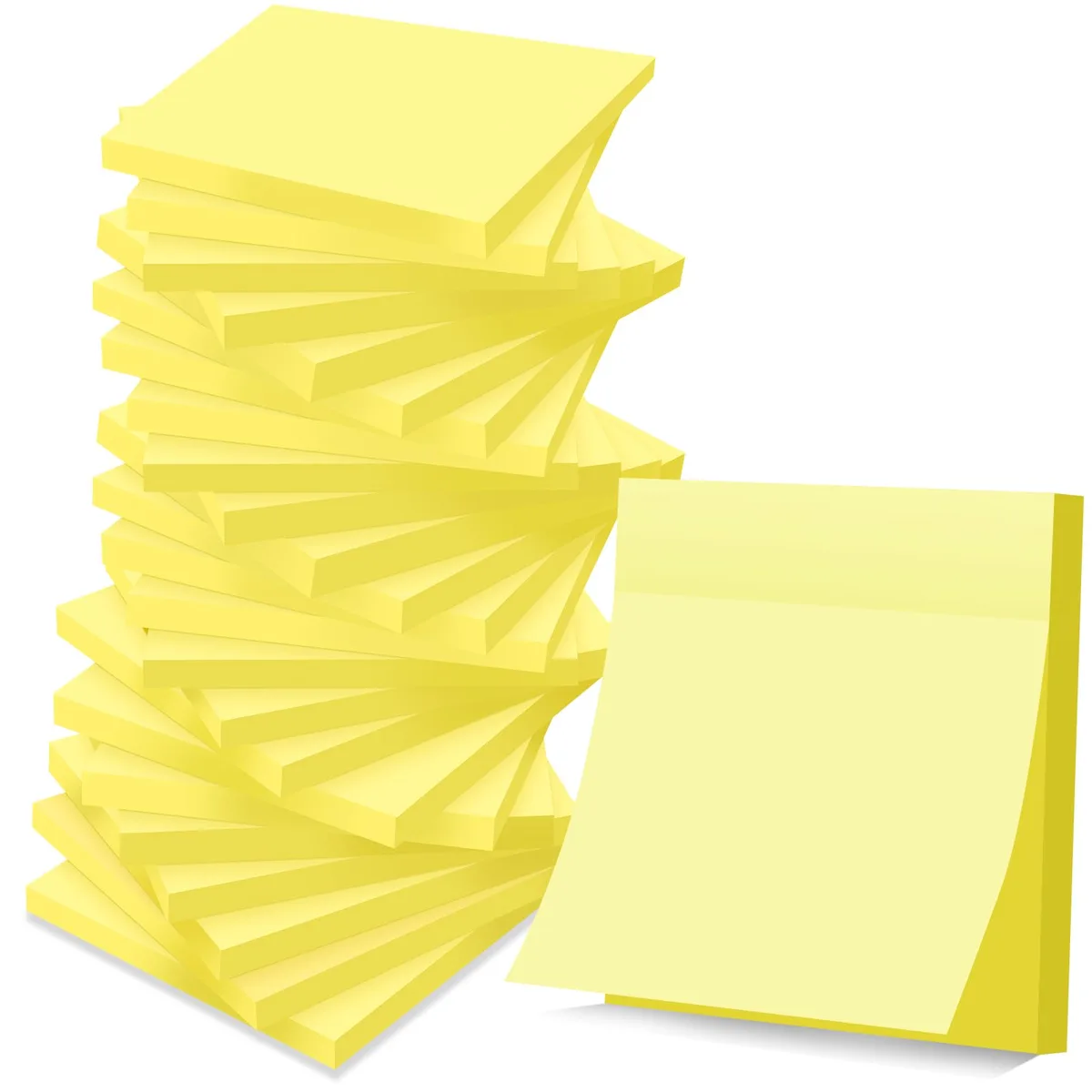 A stack of 24 square yellow sticky note pads, each 3 by 3 inches