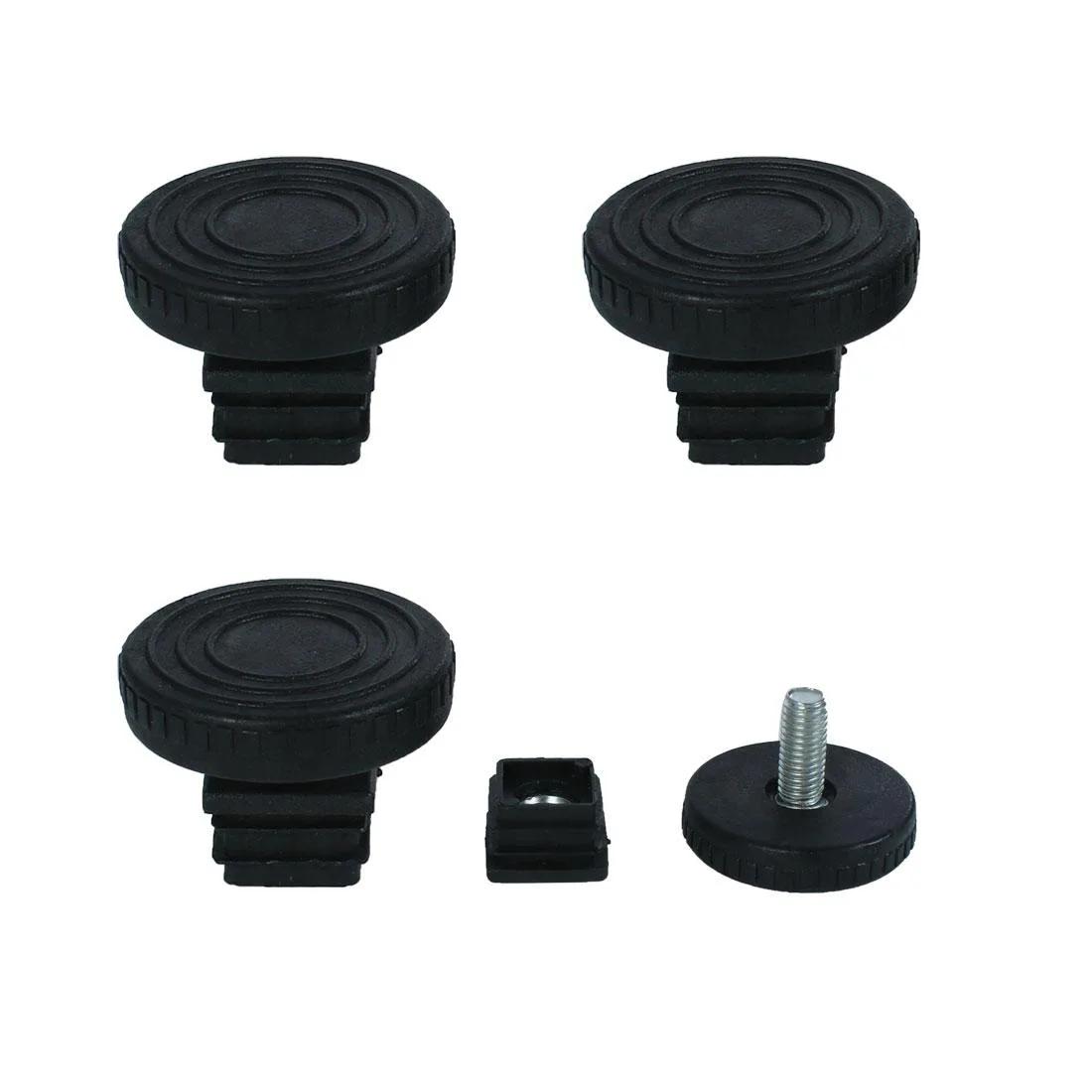 Four sets of black adjustable leveling feet with 20mm tube inserts and plastic bases