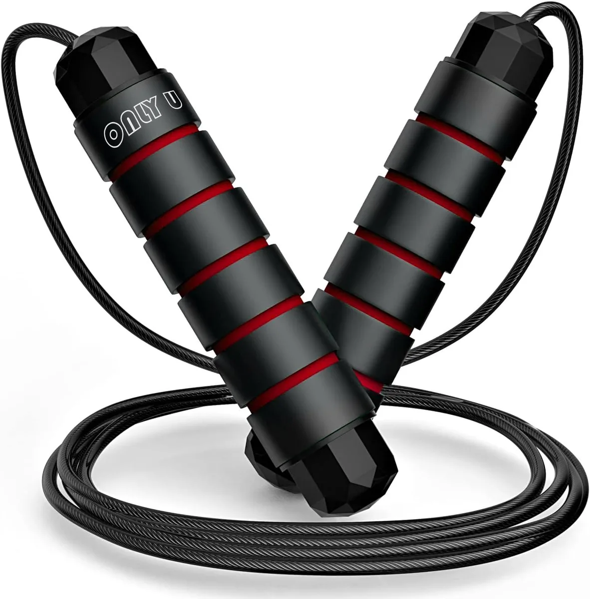 Black jump rope with rubber grip handles and adjustable PVC cable, 14 inches