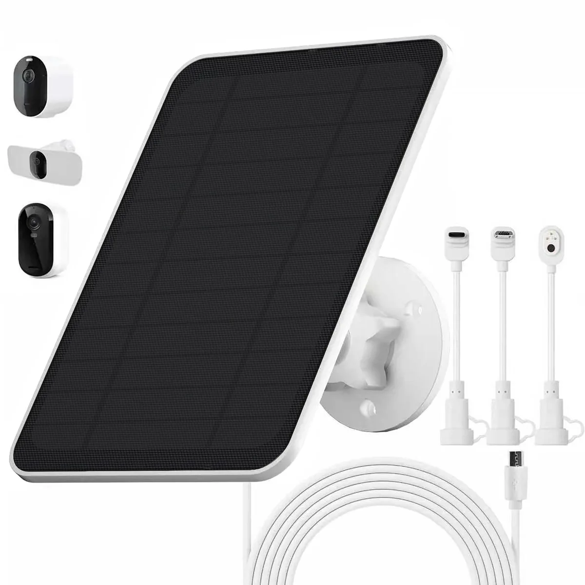Black rectangular solar panel with integrated battery, adjustable mount and 9.8 ft cable