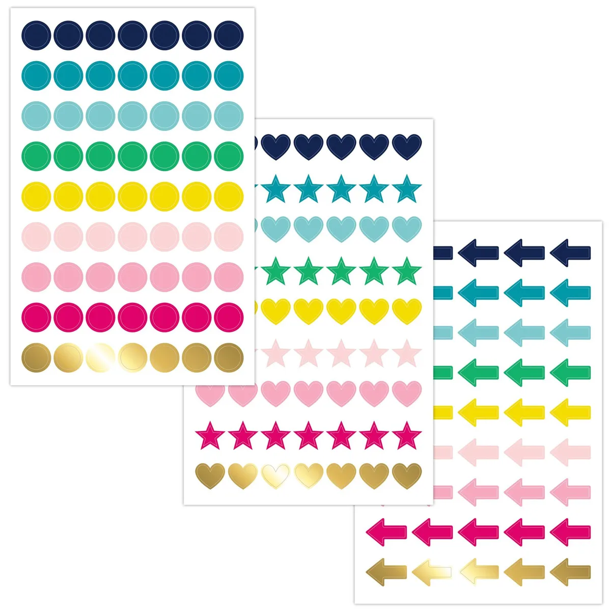Six sheets of multi-colour shaped sticker tape with stars, hearts, circles and arrows