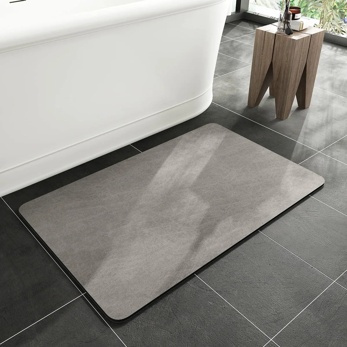 Rectangular grey faux suede bath mat 24 by 16 inches rubber backing