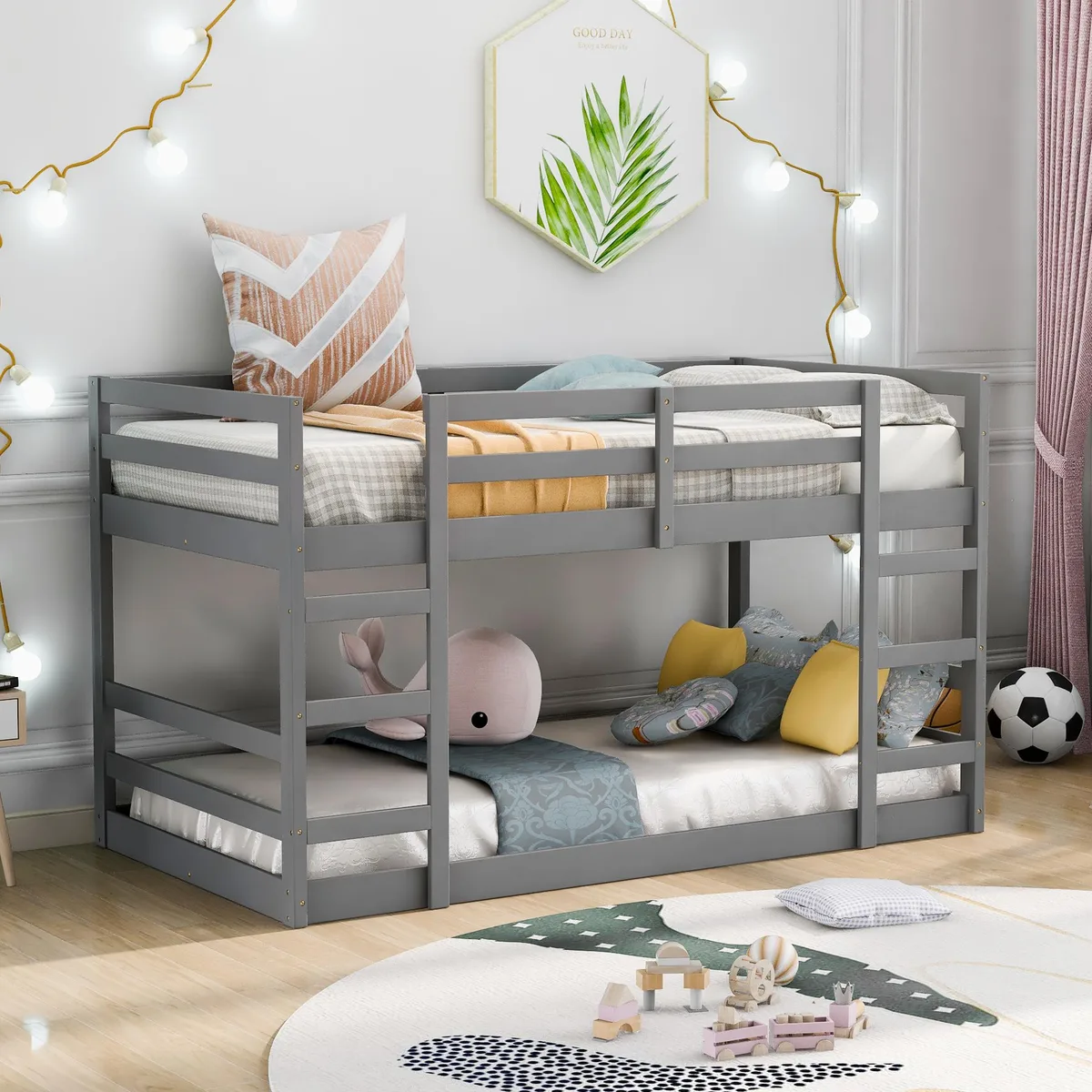 Gray solid-wood twin-over-twin bunk bed with integrated ladder