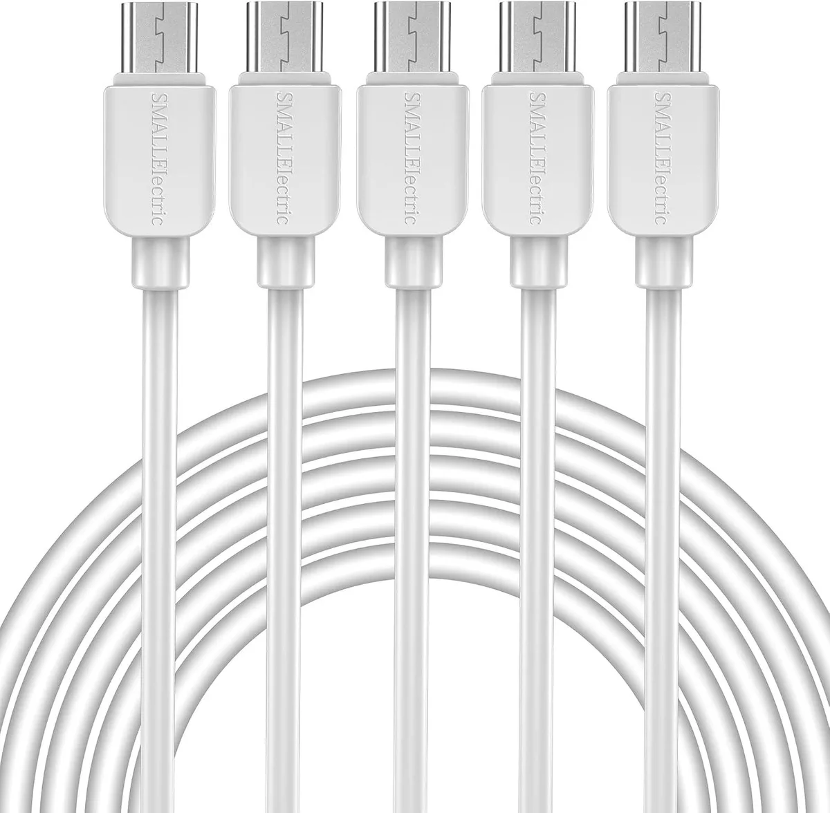Five white Micro USB cables coiled together, six feet each