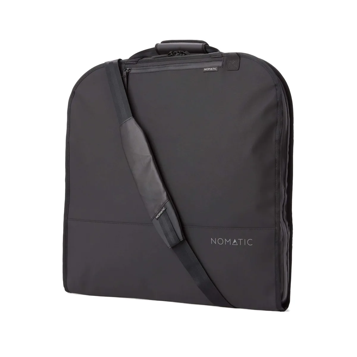 Black garment bag with full-length zip, shoe pocket and roller sleeve