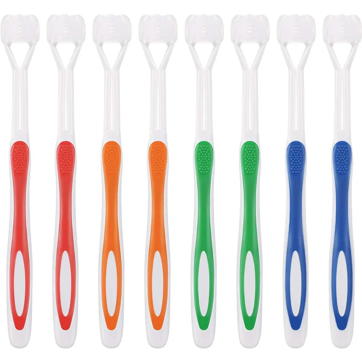 Eight three-sided manual toothbrushes in blue, green, yellow and red with replaceable heads