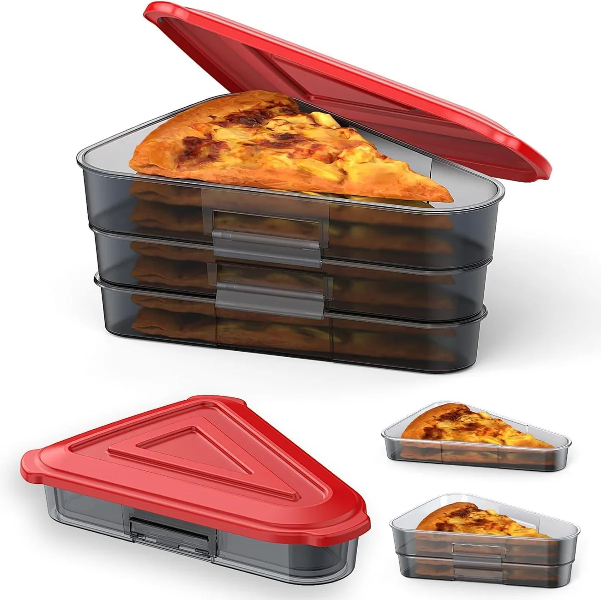 Red expandable pizza storage container set with three stackable boxes and one lid