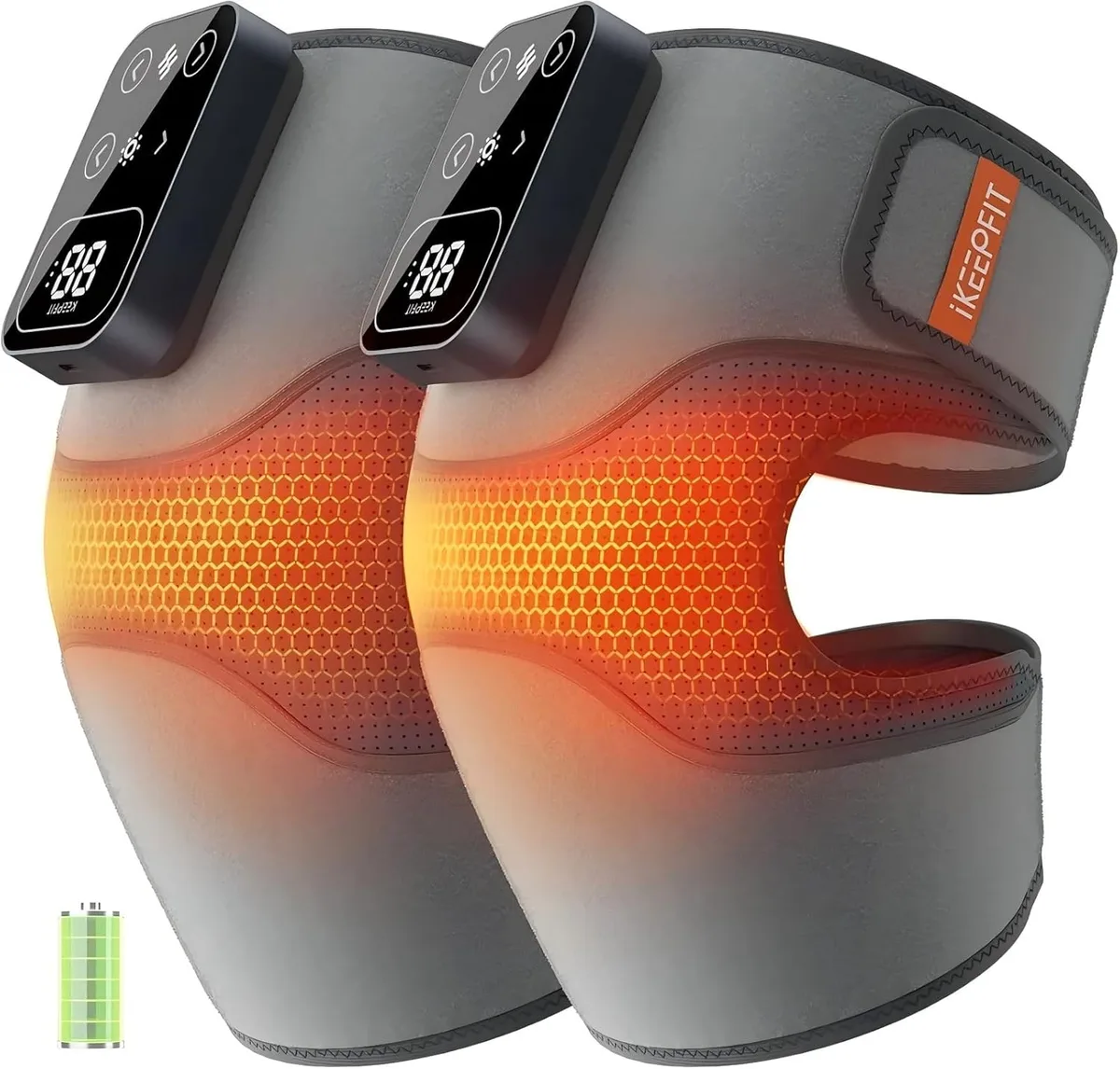Grey cordless knee massager pair with adjustable velcro straps and rechargeable battery