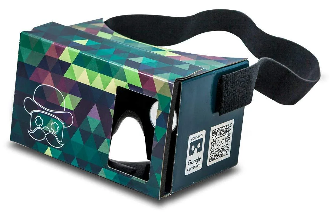 Flat-folded cardboard VR viewer with lenses and head strap, multi-colour printed finish