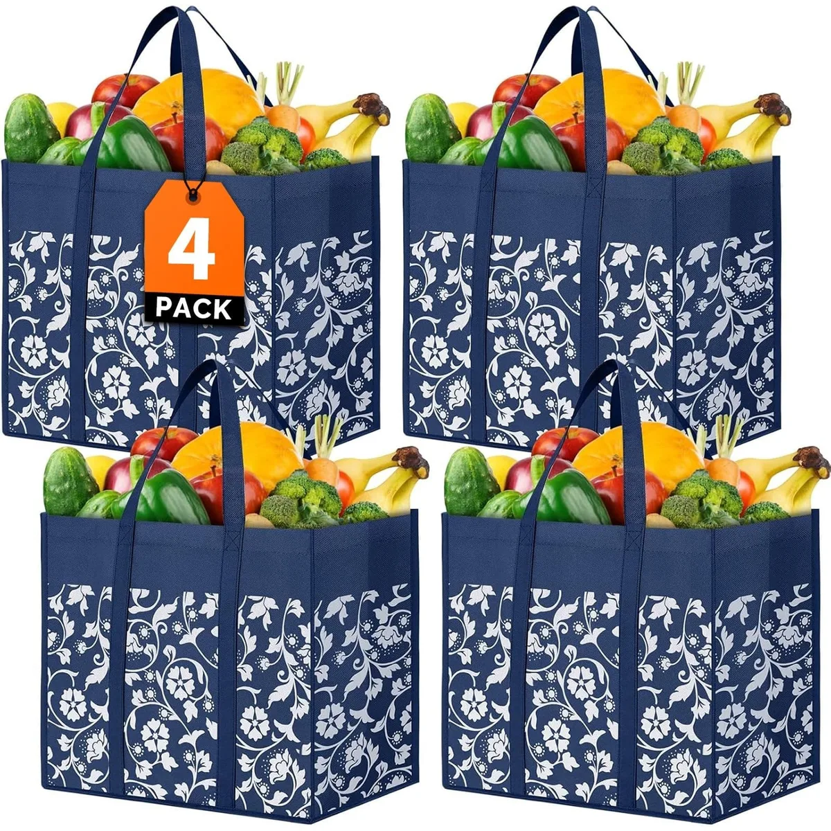 Four beige foldable tote bags with reinforced handles, flat-stacked showing waterproof-coated fabric and long shoulder straps