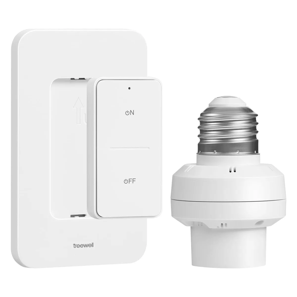 White PBT remote-control light socket with detachable wall switch, E26 E27 base, 200 ft range