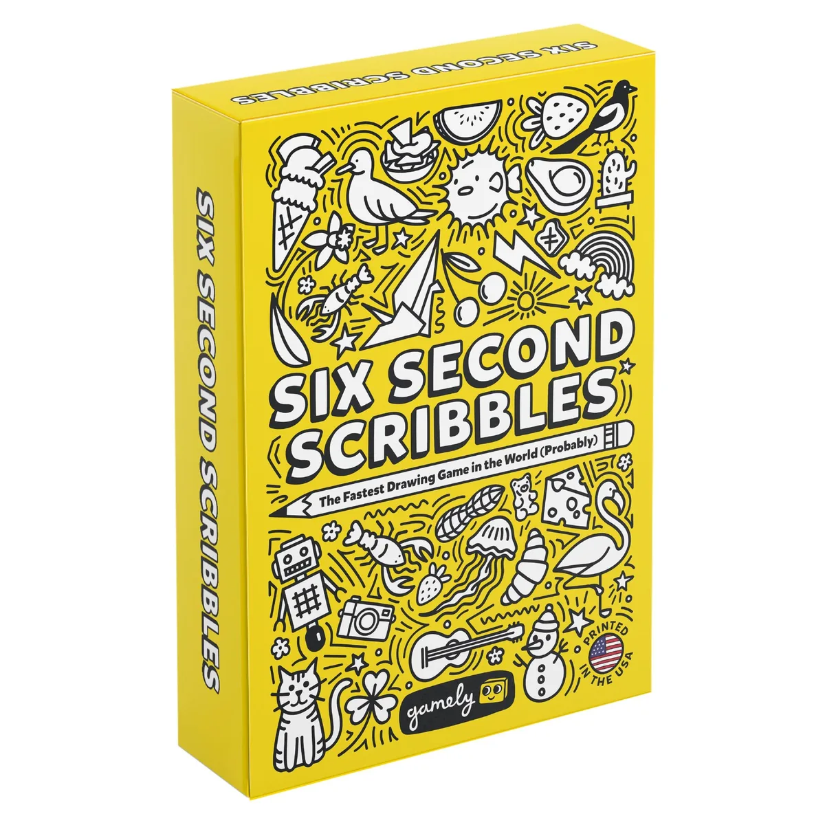 Yellow boxed drawing game with pencils and paper sheets