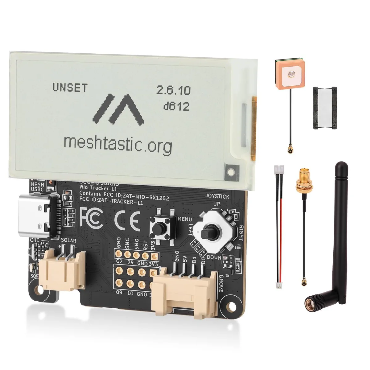Rectangular green circuit board with 2.13 inch e-ink screen, USB-C port, battery connector and solar input