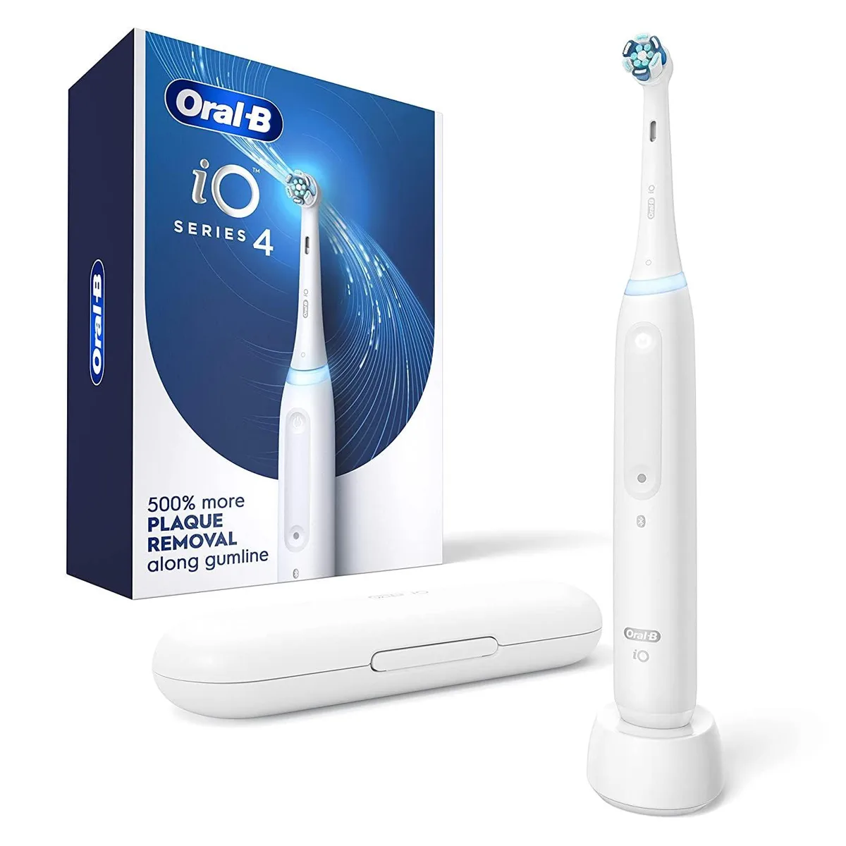 White electric toothbrush handle with brush head and charging stand