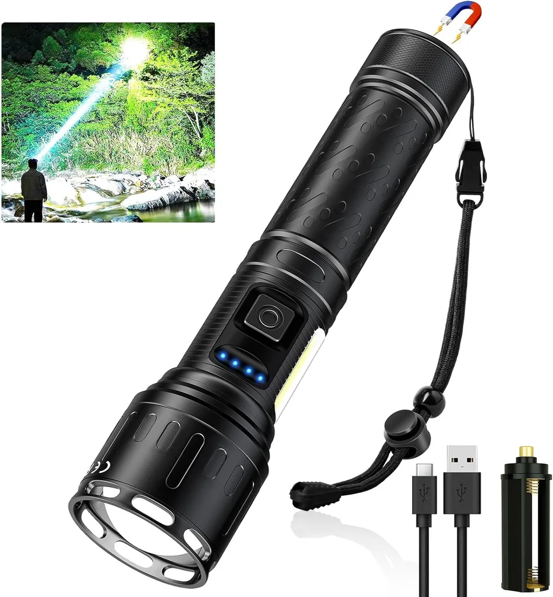Cylindrical rechargeable flashlight with magnetic tail cap and COB side panel