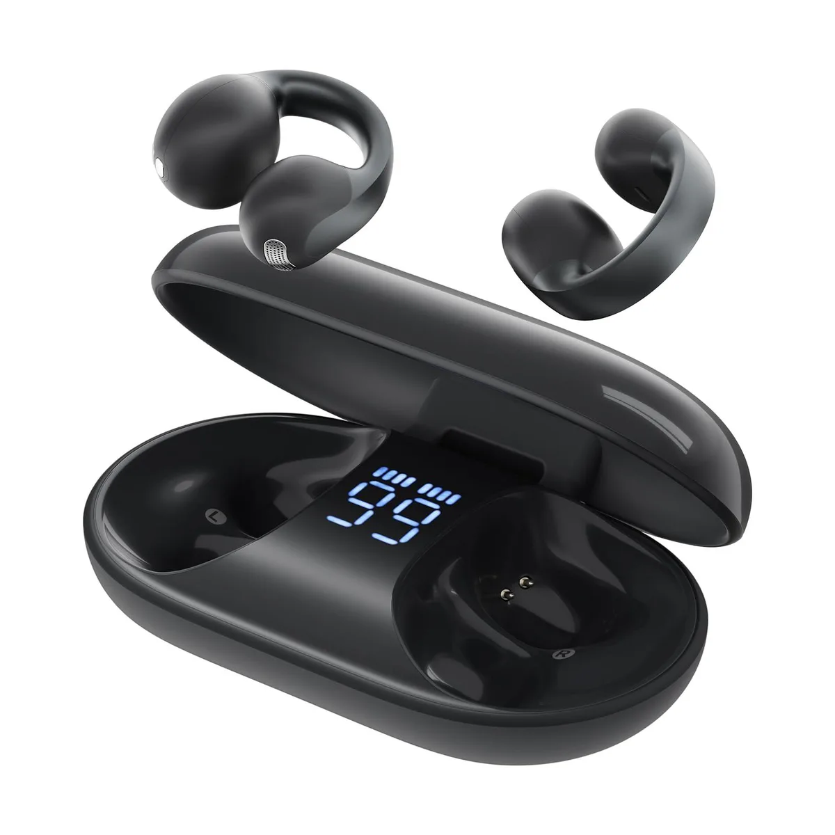 Black open-ear clip-on wireless earbuds with charging case