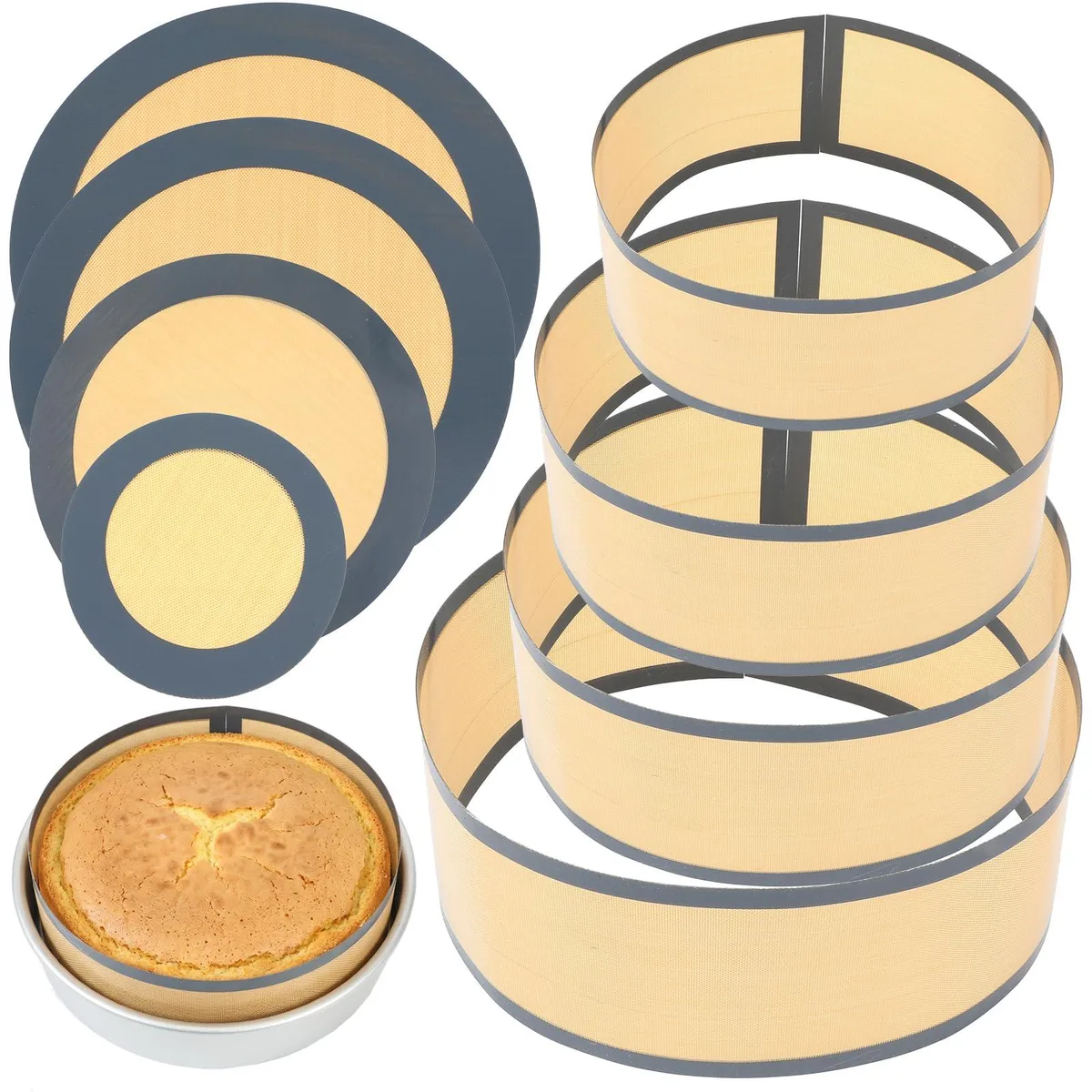 Four round beige silicone mats and four matching rectangular strips laid flat