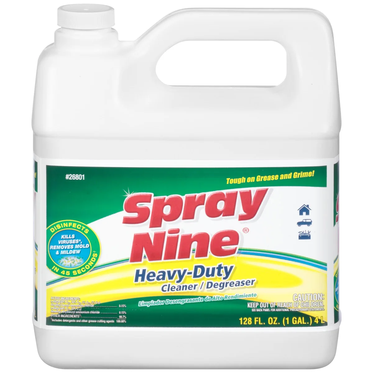 White one-gallon plastic jug of Spray Nine heavy-duty cleaner